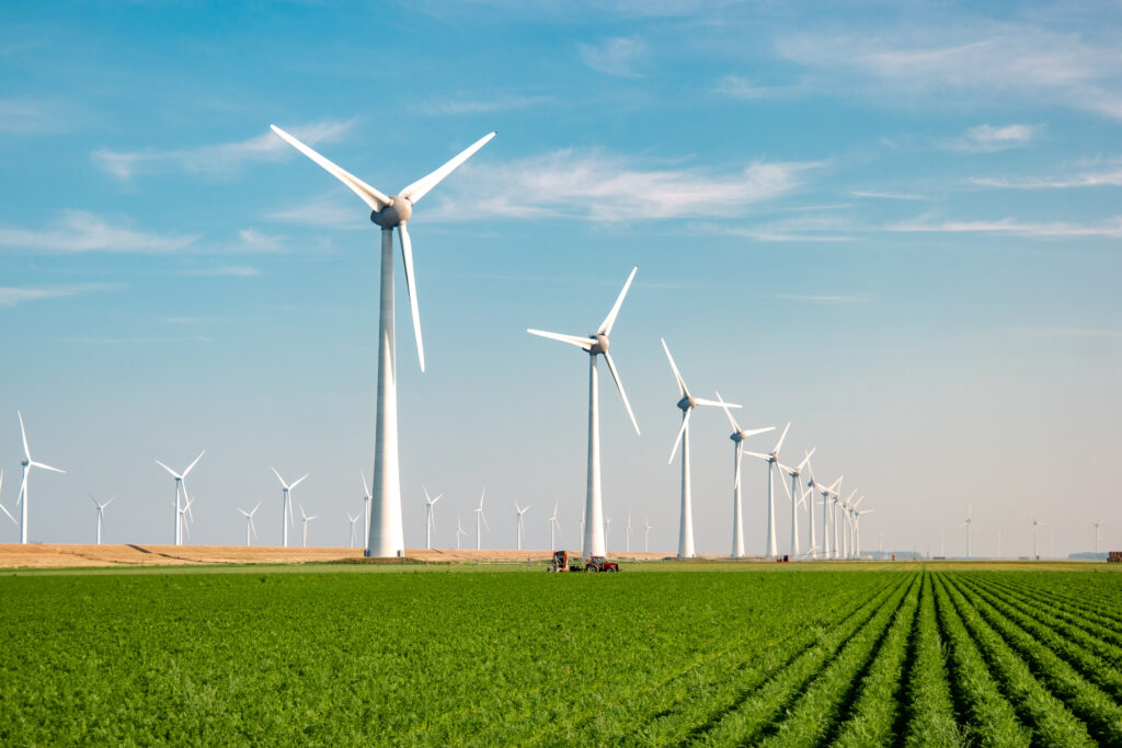 Parque eólico com turbinas de energia renovável em área agrícola, representando fontes limpas de eletricidade rastreáveis pela certificação I-REC.