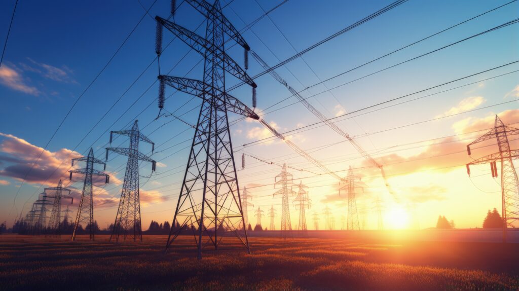 Linhas de transmissão de energia ao pôr do sol representando o mercado livre de energia e a redução da conta de luz para empresas no Brasil.