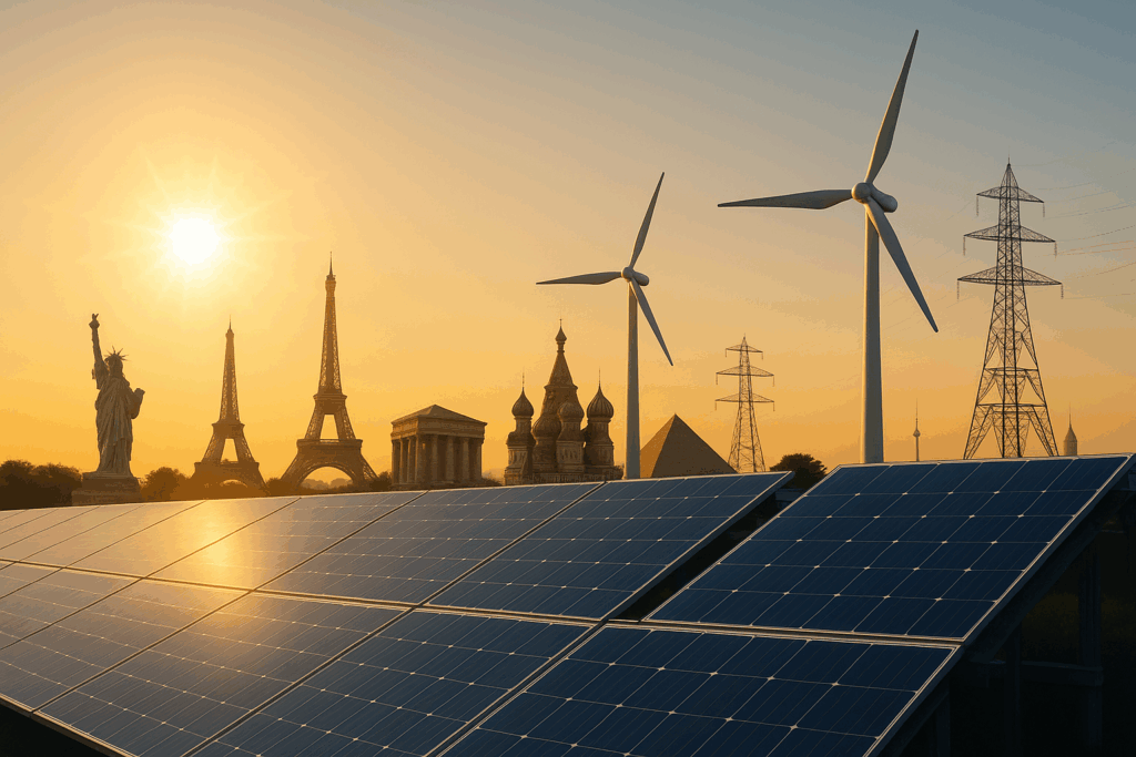 Painéis solares, turbinas e redes ao pôr do sol com monumentos icônicos, ilustrando a transição global e os investimentos em energia limpa