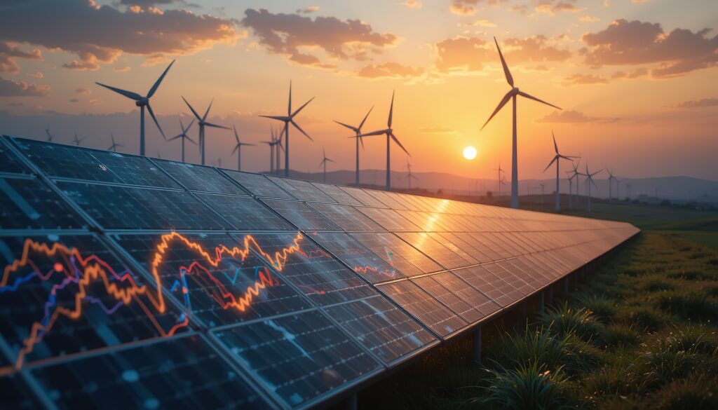 Painéis solares e turbinas eólicas ao pôr do sol, representando o crescimento da demanda global por eletricidade e a integração de fontes renováveis com inteligência artificial. A imagem ilustra o desafio de equilibrar oferta e demanda em uma matriz energética em expansão.