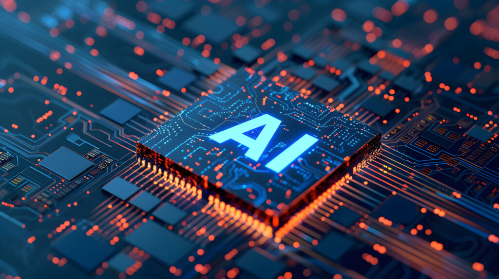 Processador com a sigla AI em destaque, representando o avanço da inteligência artificial no setor energético. A imagem simboliza a integração entre tecnologia, dados e otimização da matriz elétrica com uso de IA, essencial para acelerar a transição energética global.